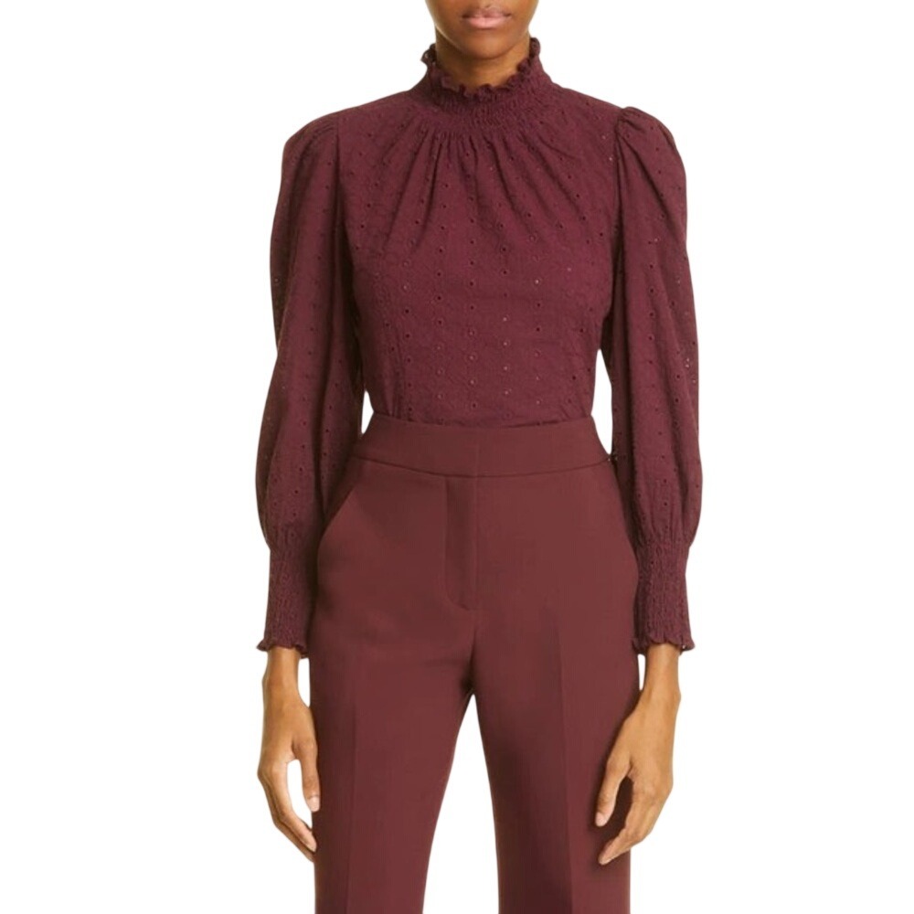 Veronica Beard Women's Gaia Smocked Cotton Eyelet‎ Blouse Merlot Sz 10